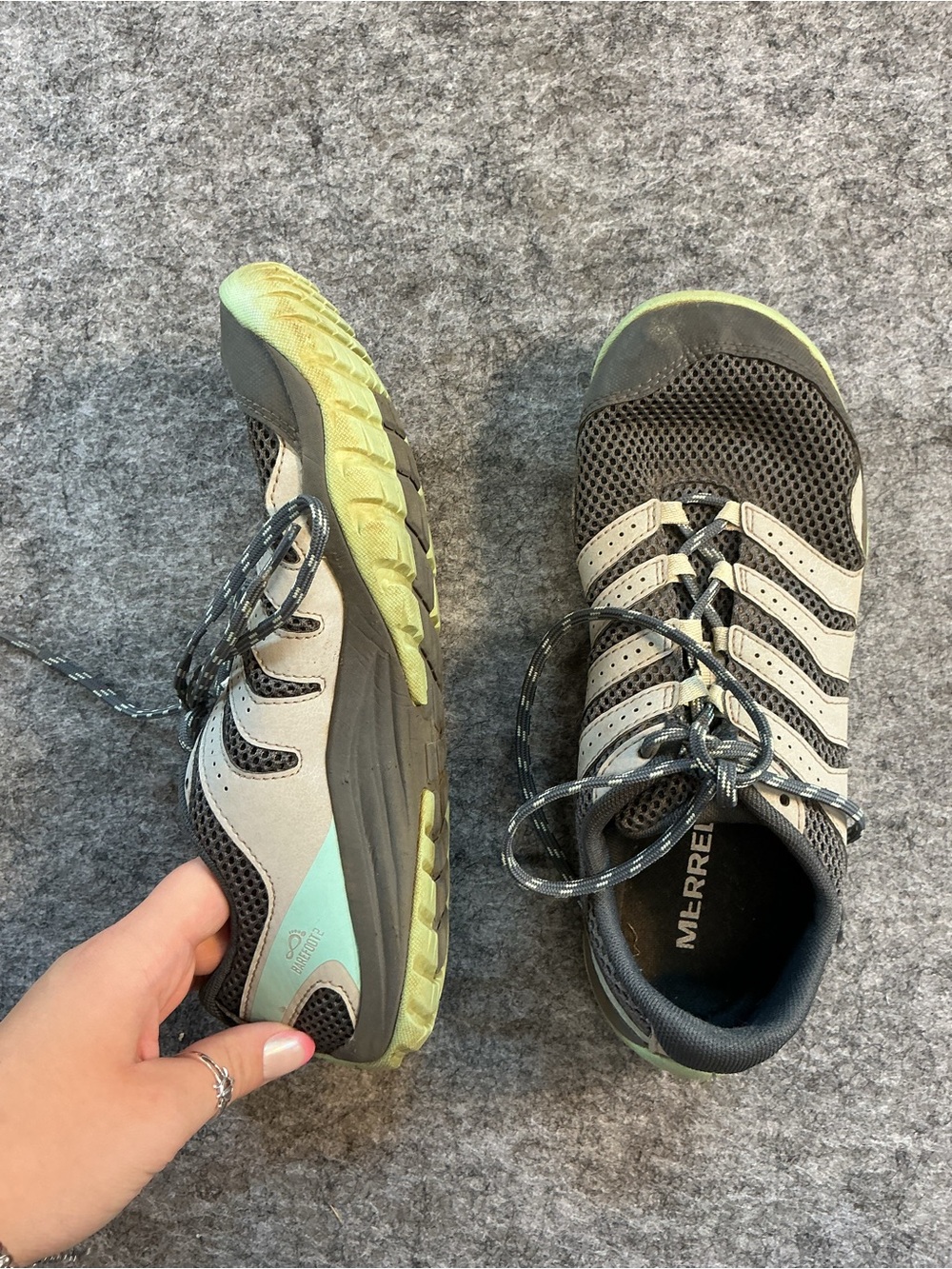 Merrell Gray and Green Mesh Trail Sneakers Size 8.5